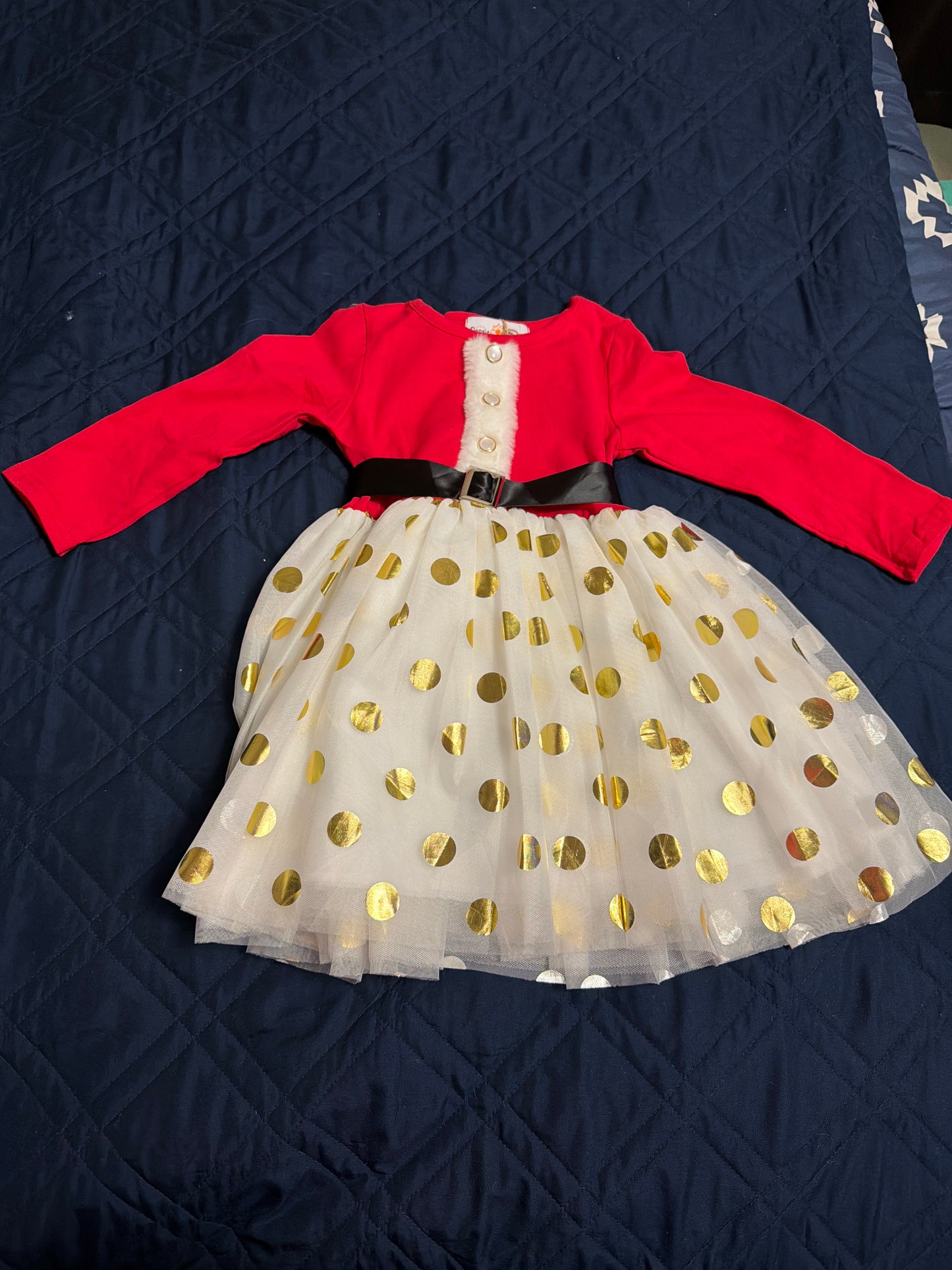 Santa Bow gold dot tulle dress
