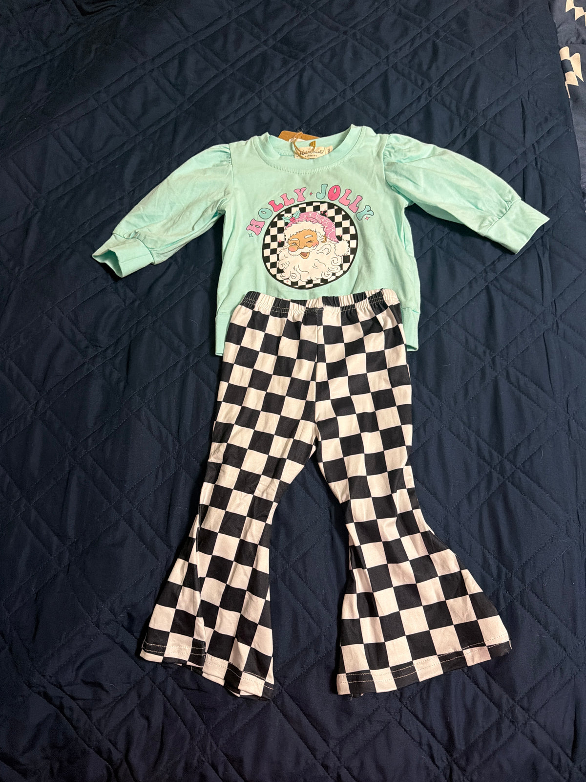 Teal Santa checkered bell set