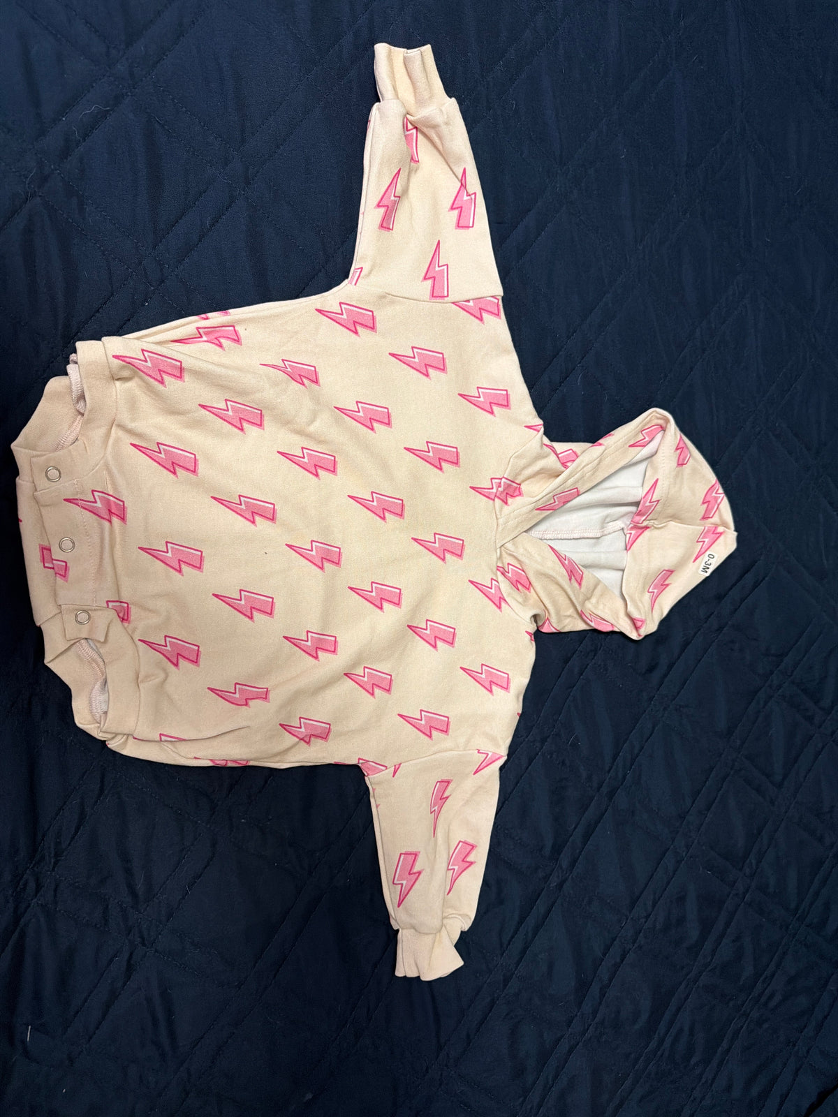 Hooded bubble romper pink with lightning bolt